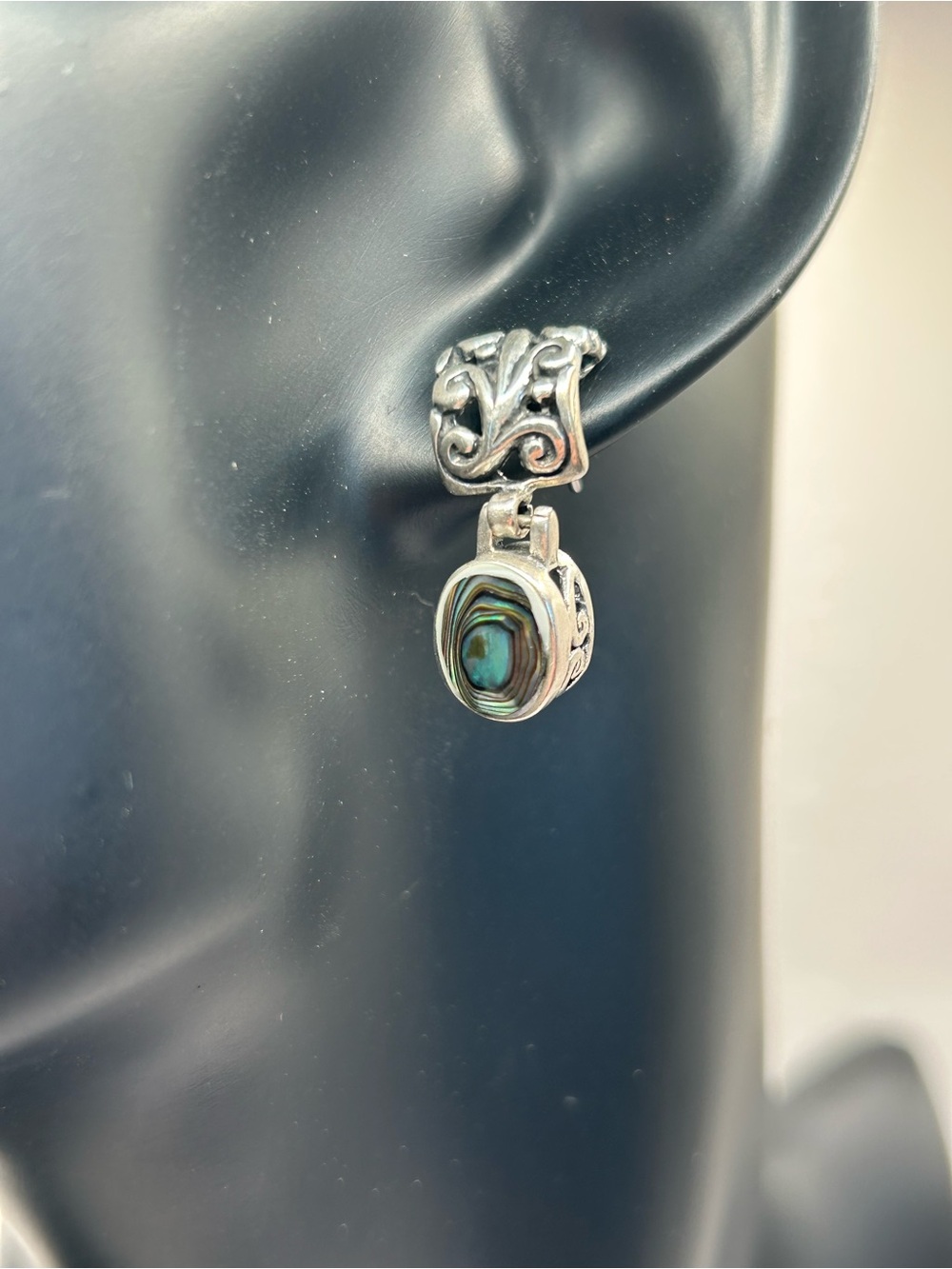 Vintage Sterling Silver Abalone Drop Earrings - Iridescent Green Blue